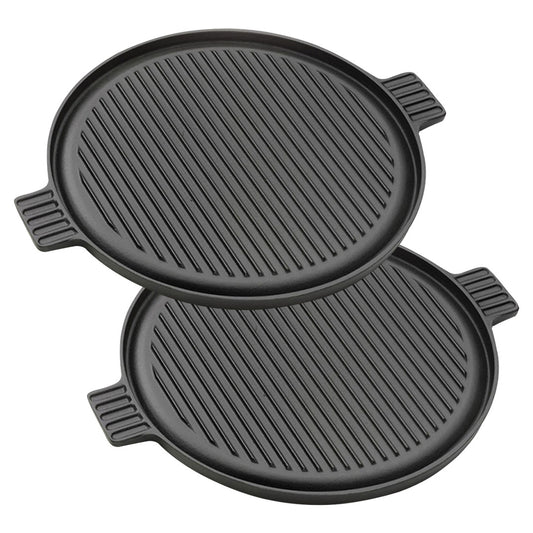SOGA 2X 43cm Round Ribbed Cast Iron Frying Pan Skillet Steak Sizzle Platter with Handle • LUZ-ZPai002X2