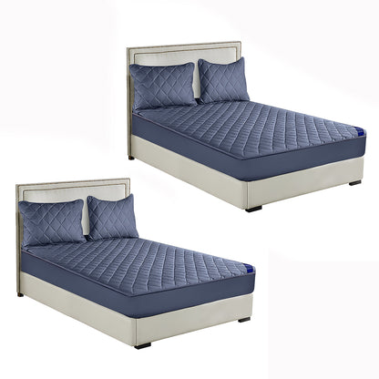 SOGA 2X Blue 183cm Wide Cross-Hatch Mattress Cover Thick Quilted Stretchable Bed Spread Sheet Protector with Pillow Covers • LUZ-BCover4010X2