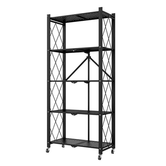 SOGA 5 Tier Steel Black Foldable Kitchen Cart Multi-Functional Shelves Portable Storage Organizer with Wheels • LUZ-KitchenXY003