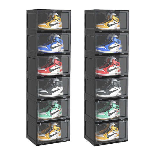 SOGA 2X 6 Tier Black Portable Shoe Organiser Sneaker Footwear Folding Plastic Bin Stackable Storage Box with Magnetic Door • LUZ-ShoeA8006BLKX2