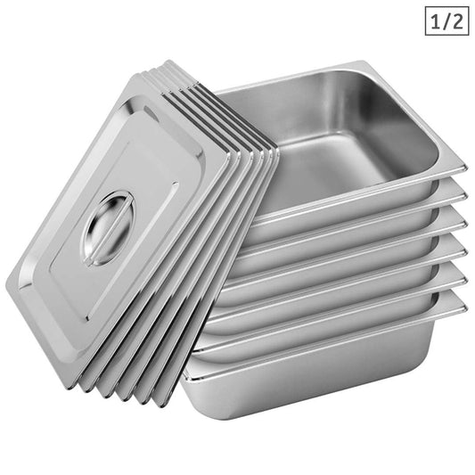 SOGA 6X Gastronorm GN Pan Full Size 1/2 GN Pan 10cm Deep Stainless Steel Tray With Lid • LUZ-GP5410wLidX6