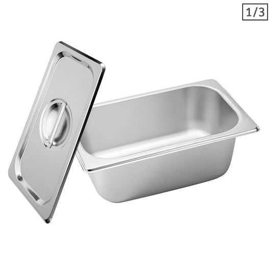 SOGA Gastronorm GN Pan Full Size 1/3 GN Pan 10cm Deep Stainless Steel Tray With Lid • LUZ-GP5416wLidX1