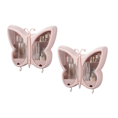 SOGA 2X Pink Butterfly Shape Wall-Mounted Makeup Organiser Dustproof Waterproof Bathroom Storage Box Home Decor • LUZ-BathG317X2