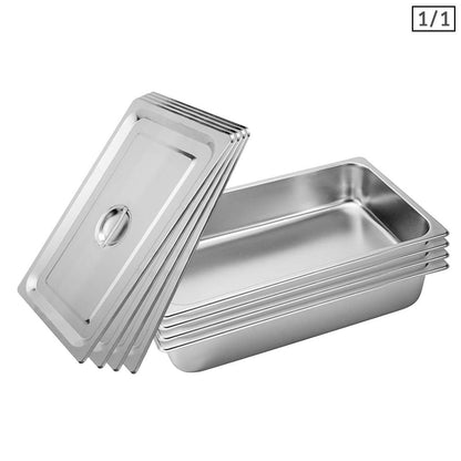 SOGA 4X Gastronorm GN Pan Full Size 1/1 GN Pan 10cm Deep Stainless Steel Tray With Lid • LUZ-GP5404wLidX4