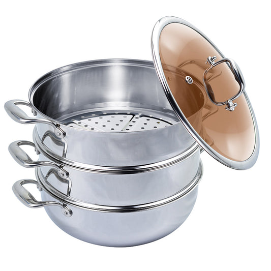 SOGA 3 Tier 26cm Heavy Duty Stainless Steel Food Steamer Vegetable Pot Stackable Pan Insert with Glass Lid • LUZ-SteamerTRISTQ26