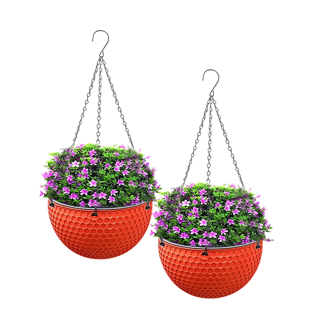SOGA 2X Red Medium Hanging Resin Flower Pot Self Watering Basket Planter Outdoor Garden Decor • LUZ-HangPot12RedX2