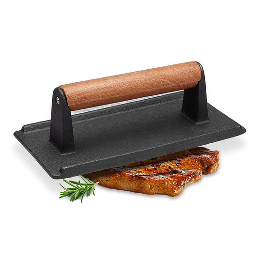 SOGA Cast Iron Bacon Meat Steak Press Grill BBQ with Wood Handle Weight Plate • LUZ-ZPaiA9