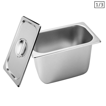 SOGA Gastronorm GN Pan Full Size 1/3 GN Pan 20cm Deep Stainless Steel Tray With Lid • LUZ-GP5444wLidX1