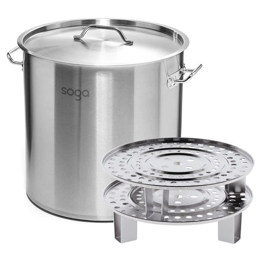 SOGA 50L Stainless Steel Stock Pot with Two Steamer Rack Insert Stockpot Tray • LUZ-StockPot45CM-2XRack43CM