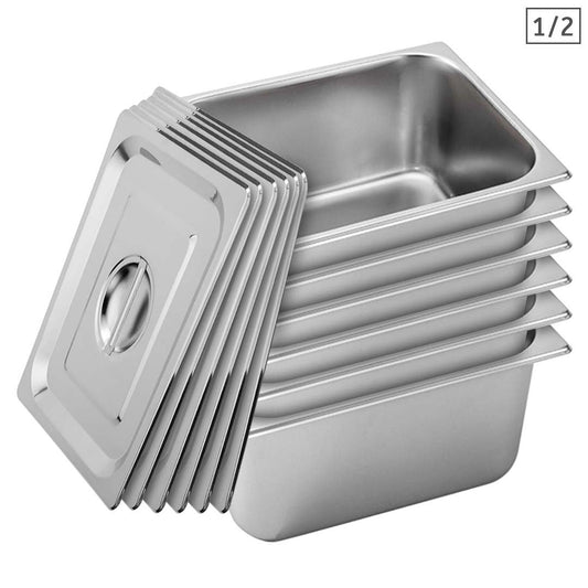 SOGA 6X Gastronorm GN Pan Full Size 1/2 GN Pan 20cm Deep Stainless Steel Tray With Lid • LUZ-GP5412wLidX6