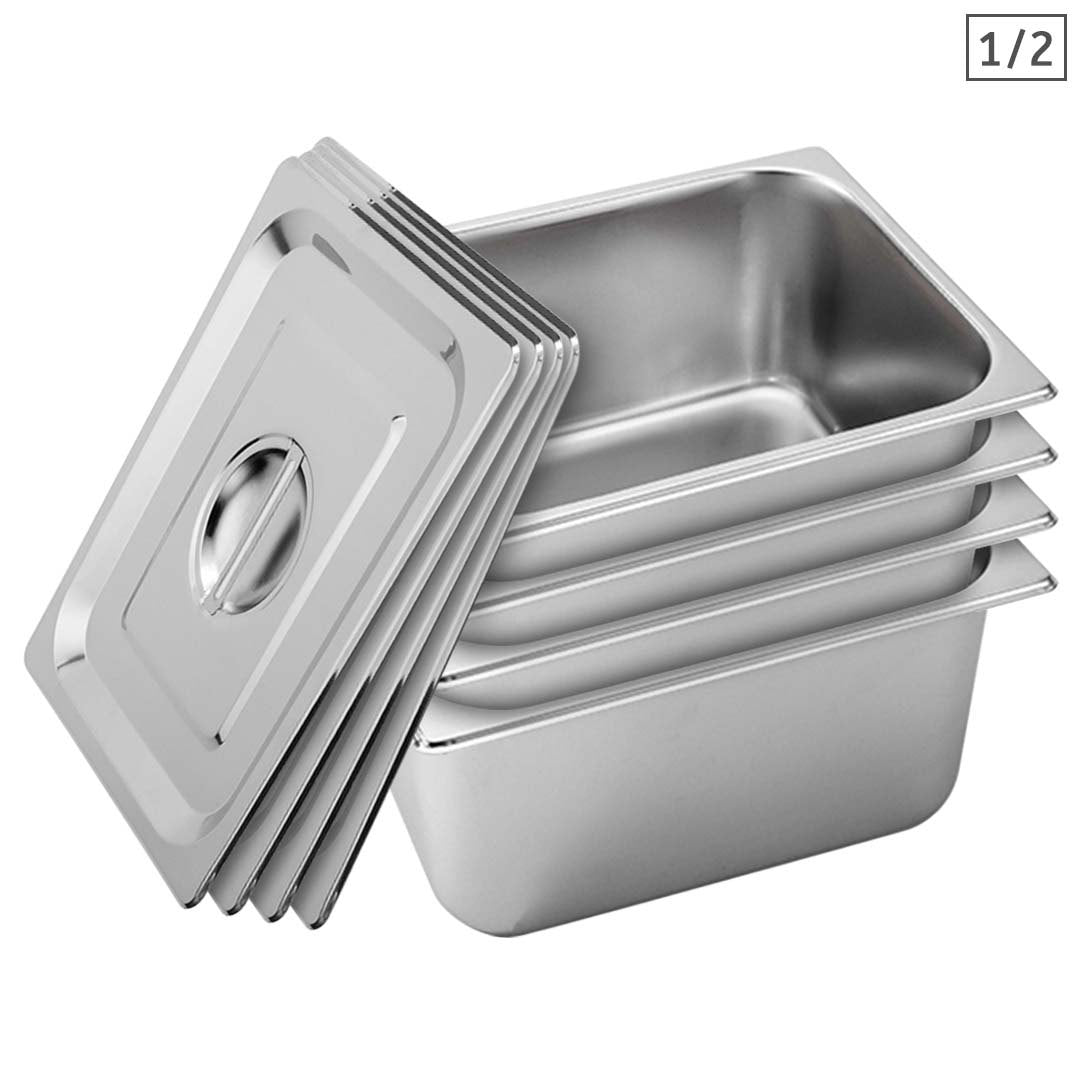SOGA 4X Gastronorm GN Pan Full Size 1/2 GN Pan 20cm Deep Stainless Steel Tray With Lid • LUZ-GP5412wLidX4