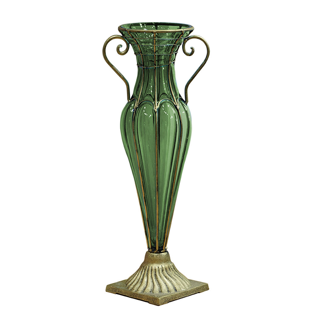 SOGA Green Colored European Glass Flower Vase Solid Base with Two Gold Metal Handle • LUZ-HO-VaseYG1885G
