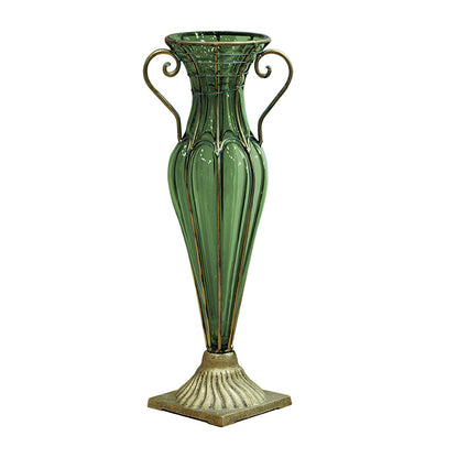 SOGA Green Colored European Glass Flower Vase Solid Base with Two Gold Metal Handle • LUZ-HO-VaseYG1885G