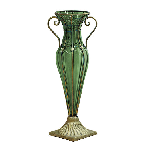 SOGA Green Colored European Glass Flower Vase Solid Base with Two Gold Metal Handle • LUZ-HO-VaseYG1885G