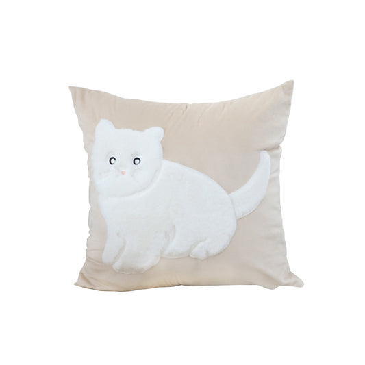 SOGA 45cm Throw Pillow Light Tan Square Cushion with Soft White Cat Design Decorative Home Decor • LUZ-FrenchCushion280