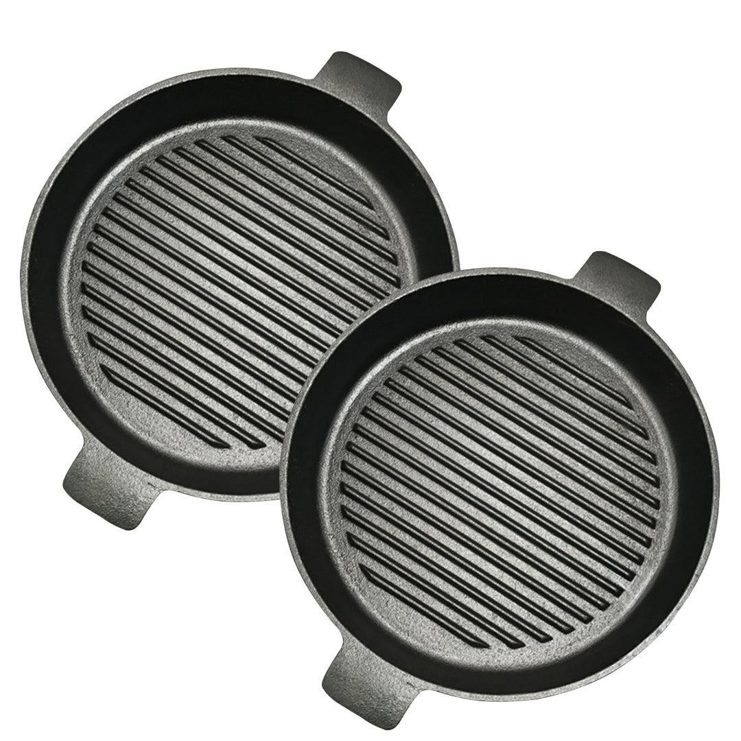 SOGA 2X 25cm Round Ribbed Cast Iron Frying Pan Skillet Steak Sizzle Platter with Handle • LUZ-ZPai001AX2