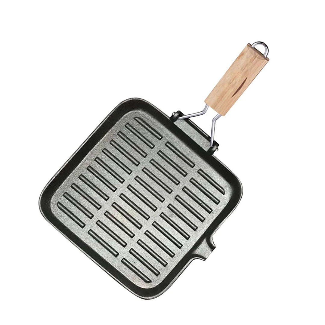 SOGA 24cm Ribbed Cast Iron Square Steak Frying Grill Skillet Pan with Folding Wooden Handle • LUZ-ZPai010
