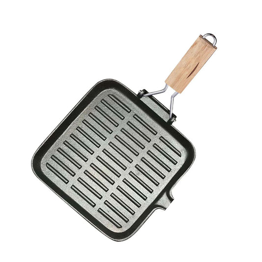 SOGA 24cm Ribbed Cast Iron Square Steak Frying Grill Skillet Pan with Folding Wooden Handle • LUZ-ZPai010