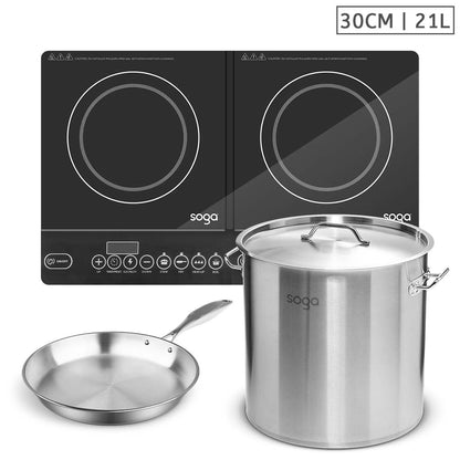 SOGA Dual Burners Cooktop Stove, 21L Stainless Steel Stockpot 30cm and 30cm Induction Fry Pan • LUZ-ECooktDBL-StockPot30CM-FRY2865