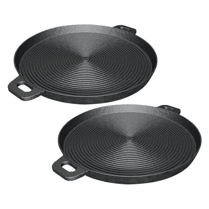 SOGA 2X 35cm Round Ribbed Cast Iron Frying Pan Skillet Steak Sizzle Platter with Handle • LUZ-ZPai004X2