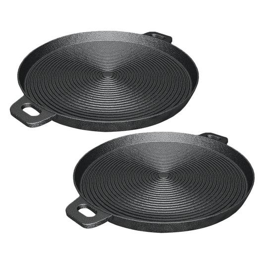 SOGA 2X 35cm Round Ribbed Cast Iron Frying Pan Skillet Steak Sizzle Platter with Handle • LUZ-ZPai004X2