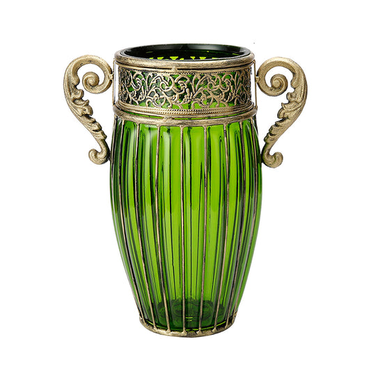 SOGA Green European Colored Glass Home Decor Jar Flower Vase with Two Metal Handle • LUZ-HO-VaseYG8038G