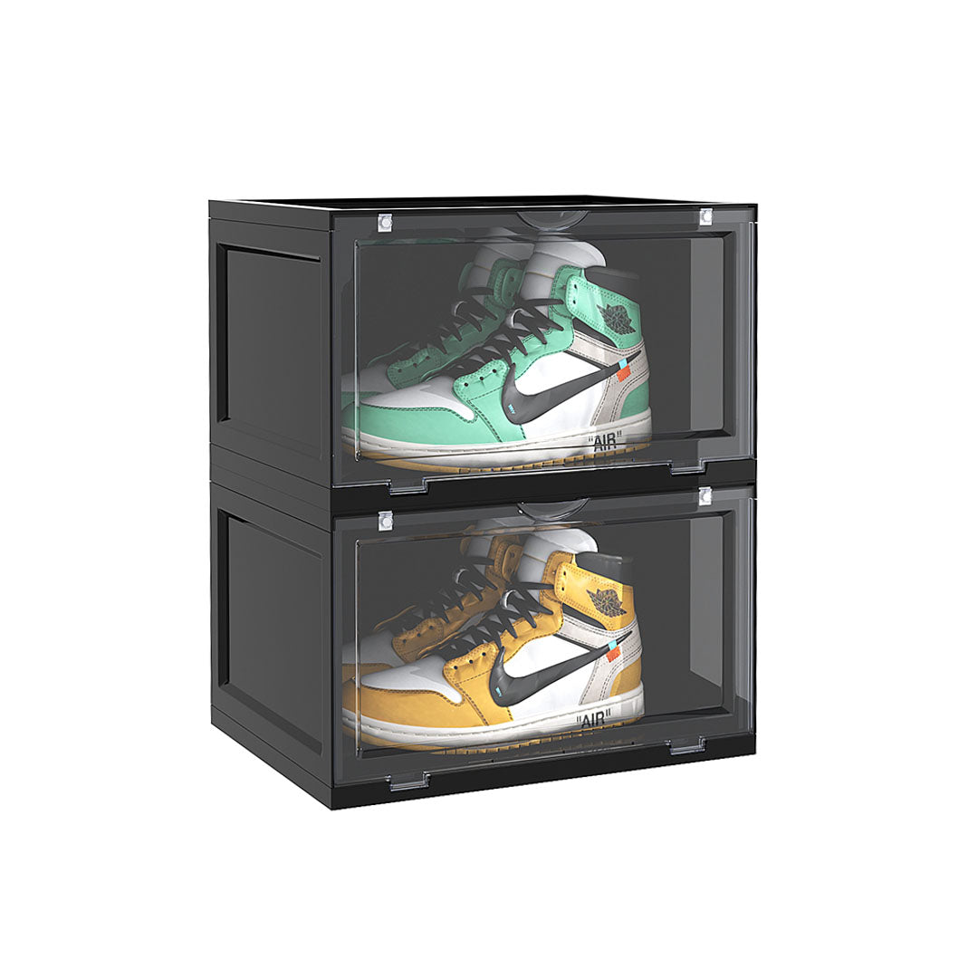 SOGA 2 Tier Black Portable Shoe Organiser Sneaker Footwear Folding Plastic Bin Stackable Storage Box with Magnetic Door • LUZ-ShoeA8002BLK