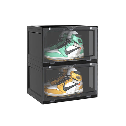SOGA 2 Tier Black Portable Shoe Organiser Sneaker Footwear Folding Plastic Bin Stackable Storage Box with Magnetic Door • LUZ-ShoeA8002BLK