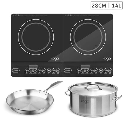 SOGA Dual Burners Cooktop Stove, 14L Stainless Steel Stockpot and 28cm Induction Fry Pan • LUZ-ECooktDBL-StockPot14L-FRY2864