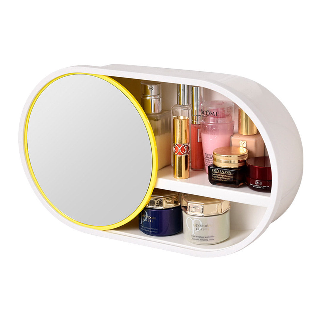 SOGA 39cm Oval Wall-Mounted Mirror Storage Box Vanity Mirror Rack Bathroom Adhesive Shelf Home Organiser Decor LUZ-BathG323