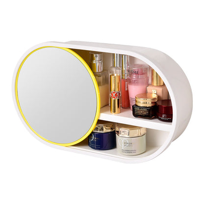 SOGA 39cm Oval Wall-Mounted Mirror Storage Box Vanity Mirror Rack Bathroom Adhesive Shelf Home Organiser Decor LUZ-BathG323