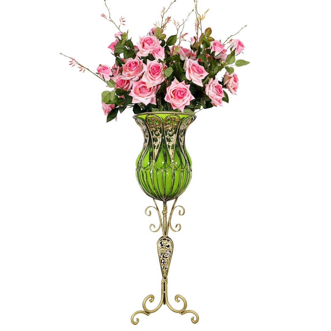 SOGA 85cm Green Glass Tall Floor Vase and 12pcs Pink Artificial Fake Flower Set • LUZ-Vase3019GreenwPinkF12