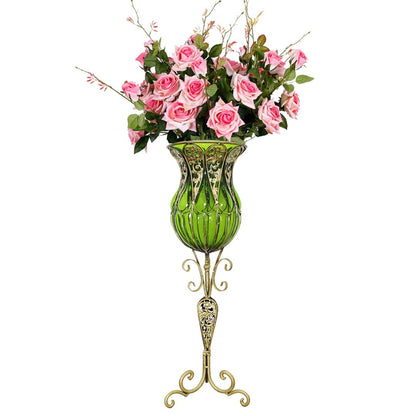 SOGA 85cm Green Glass Tall Floor Vase and 12pcs Pink Artificial Fake Flower Set • LUZ-Vase3019GreenwPinkF12