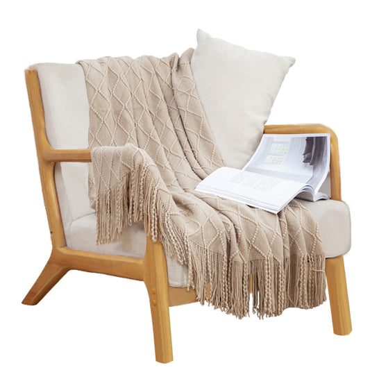 SOGA Beige Diamond Pattern Knitted Throw Blanket Warm Cozy Woven Cover Couch Bed Sofa Home Decor with Tassels • LUZ-Blanket922