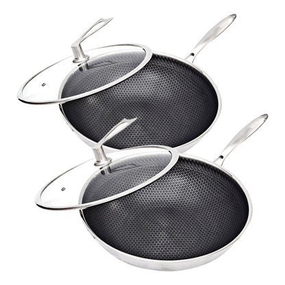 SOGA 2X 32cm Stainless Steel Tri-Ply Frying Cooking Fry Pan Textured Non Stick Interior Skillet with Glass Lid • LUZ-FryPanTRIFPYZ32X2