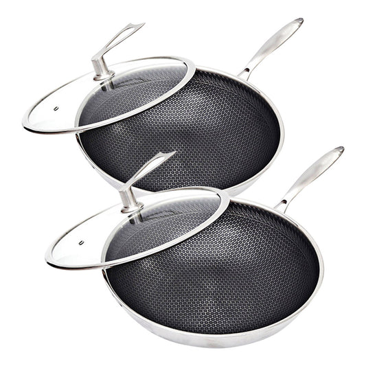 SOGA 2X 32cm Stainless Steel Tri-Ply Frying Cooking Fry Pan Textured Non Stick Interior Skillet with Glass Lid • LUZ-FryPanTRIFPYZ32X2