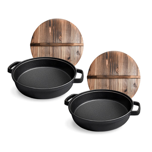 SOGA 2X 35cm Round Cast Iron Pre-seasoned Deep Baking Pizza Frying Pan Skillet with Wooden Lid • LUZ-ZPaiC4X2