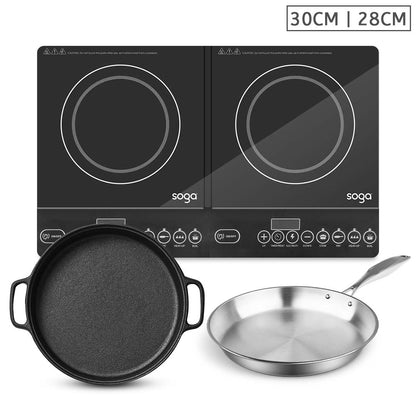 SOGA Dual Burners Cooktop Stove, 30cm Cast Iron Frying Pan Skillet and 28cm Induction Fry Pan • LUZ-ECooktDBL-Sizzle30-FRY2864