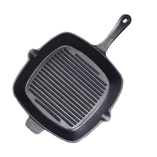 SOGA 26cm Square Ribbed Cast Iron Frying Pan Skillet Steak Sizzle Platter with Handle • LUZ-ZPai023