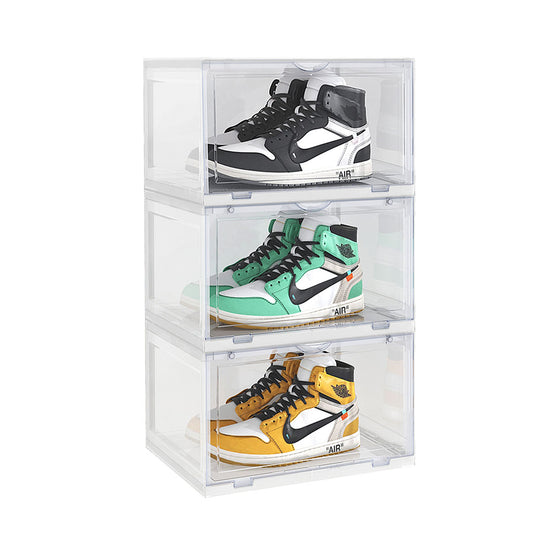 SOGA 3 Tier Transparent Portable Shoe Organiser Sneaker Footwear Folding Plastic Bin Stackable Storage Box with Magnetic Door • LUZ-ShoeA9003WHT