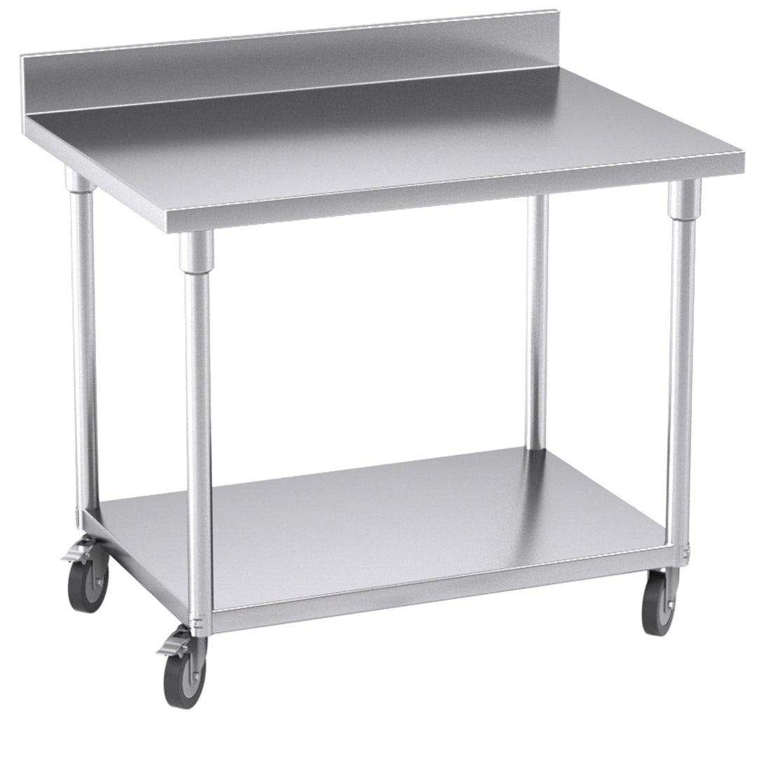 SOGA 100cm Commercial Catering Kitchen Stainless Steel Prep Work Bench Table with Backsplash and Caster Wheels • LUZ-WorkBenchSS8002100CM
