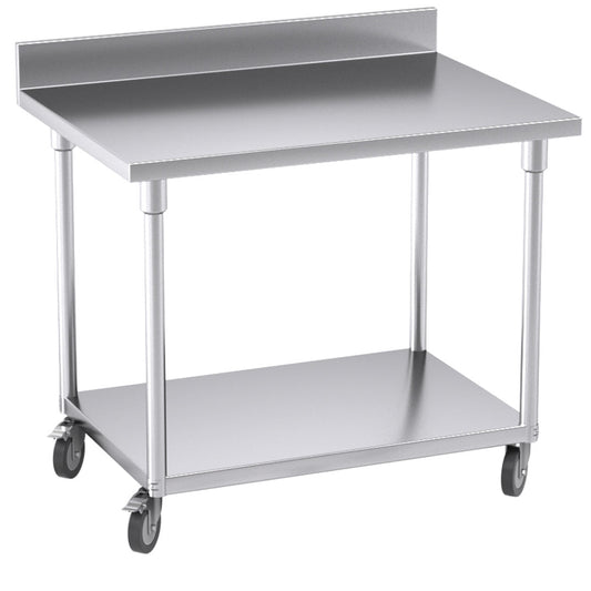 SOGA 100cm Commercial Catering Kitchen Stainless Steel Prep Work Bench Table with Backsplash and Caster Wheels • LUZ-WorkBenchSS8002100CM