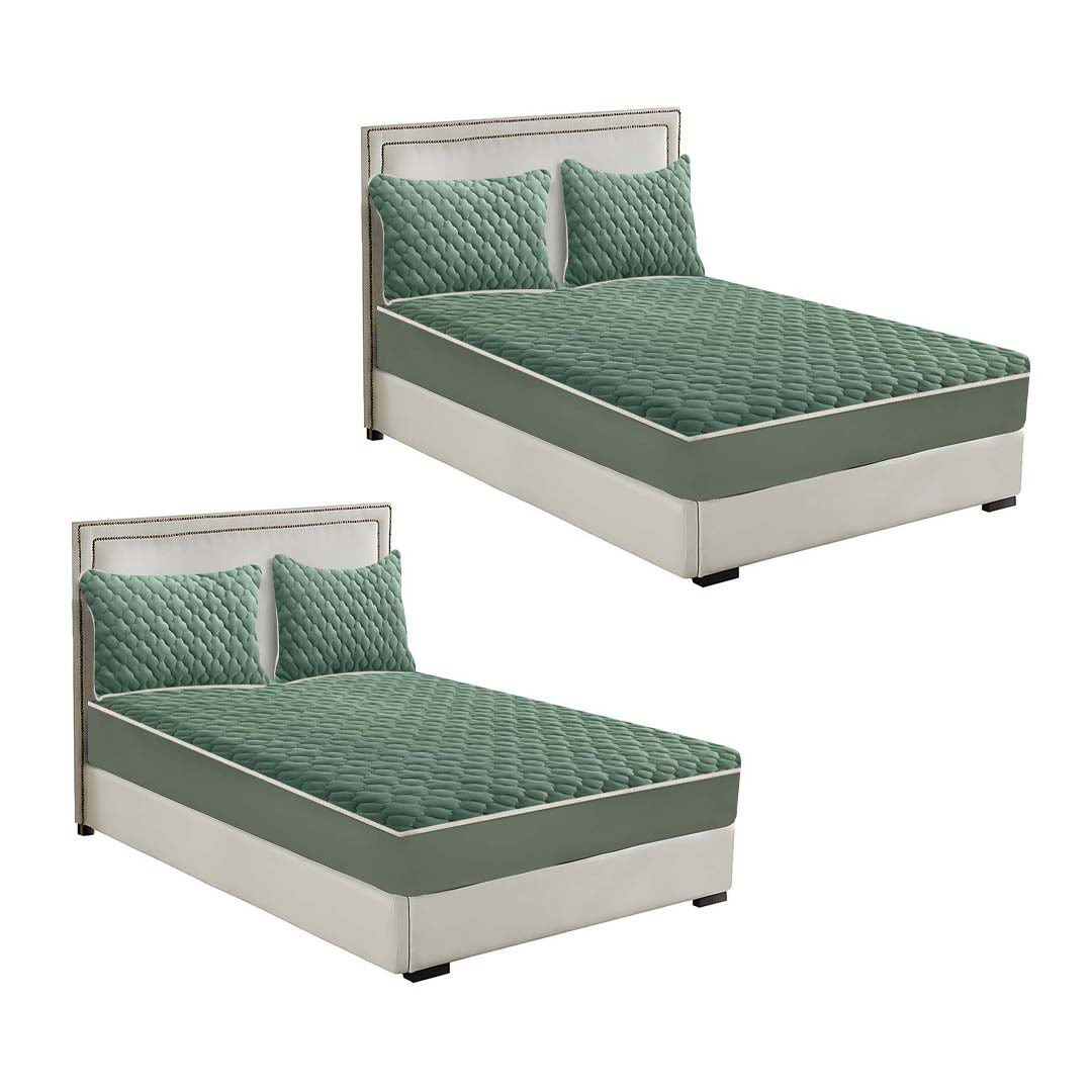 SOGA 2X Green 153cm Wide Mattress Cover Thick Quilted Fleece Stretchable Clover Design Bed Spread Sheet Protector with Pillow Covers • LUZ-BCover7009X2