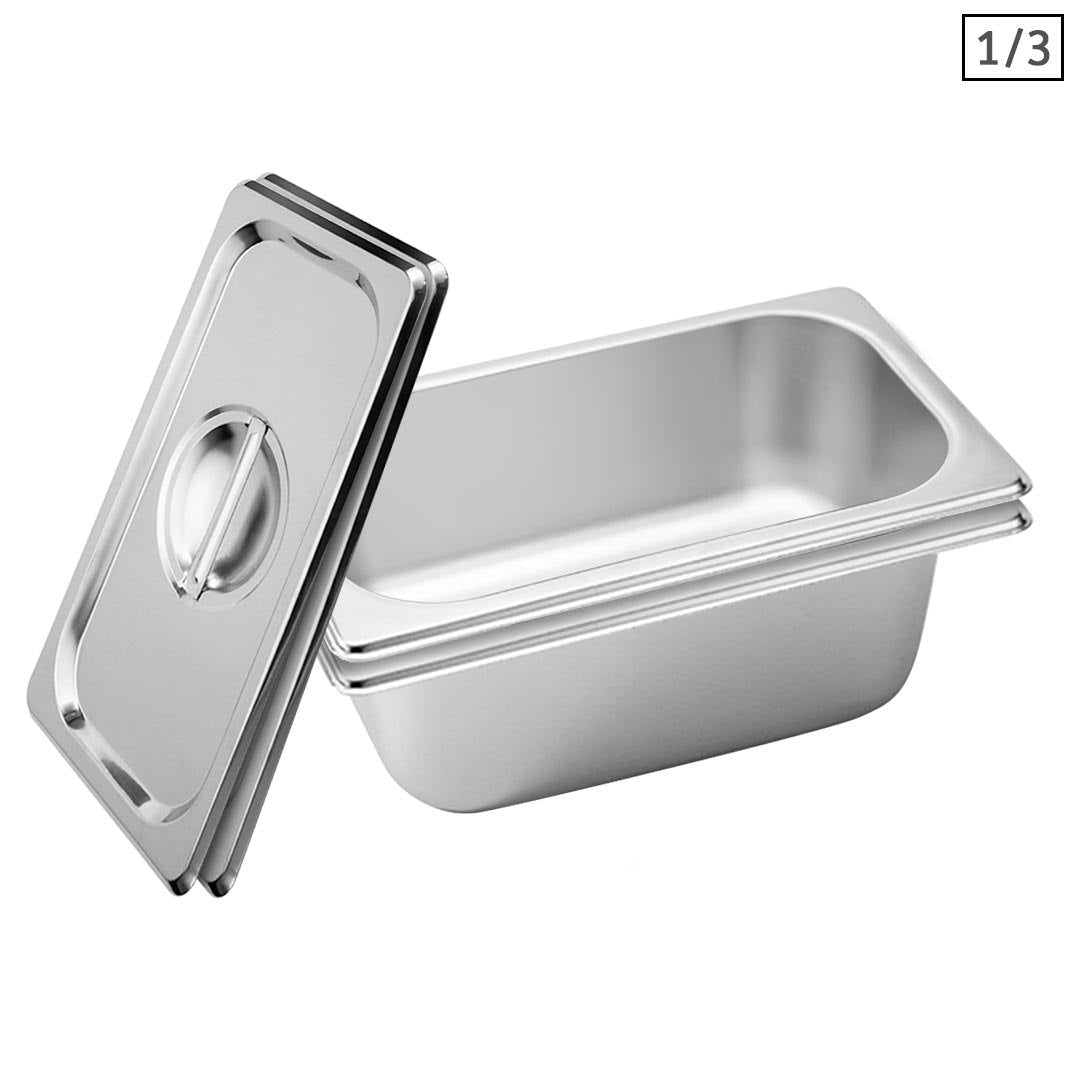 SOGA 2X Gastronorm GN Pan Full Size 1/3 GN Pan 10cm Deep Stainless Steel Tray With Lid • LUZ-GP5416wLidX2