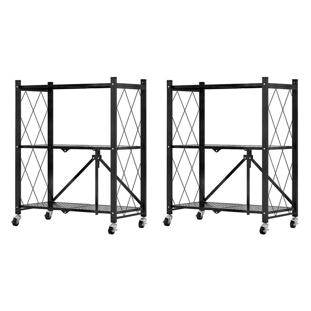 SOGA 2X 3 Tier Steel Black Foldable Kitchen Cart Multi-Functional Shelves Portable Storage Organizer with Wheels • LUZ-KitchenXY001X2