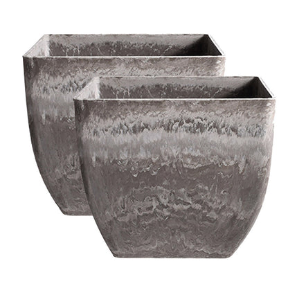 SOGA 2X 32cm Rock Grey Square Resin Plant Flower Pot in Cement Pattern Planter Cachepot for Indoor Home Office • LUZ-FPotF3252X2