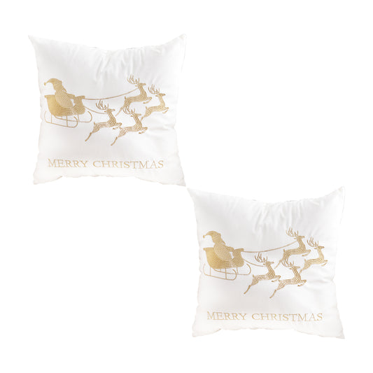 SOGA 2X 45cm Throw Pillow White with Golden Christmas Sleigh Design Festive Holiday Square Cushion Decor • LUZ-FrenchCushion269X2