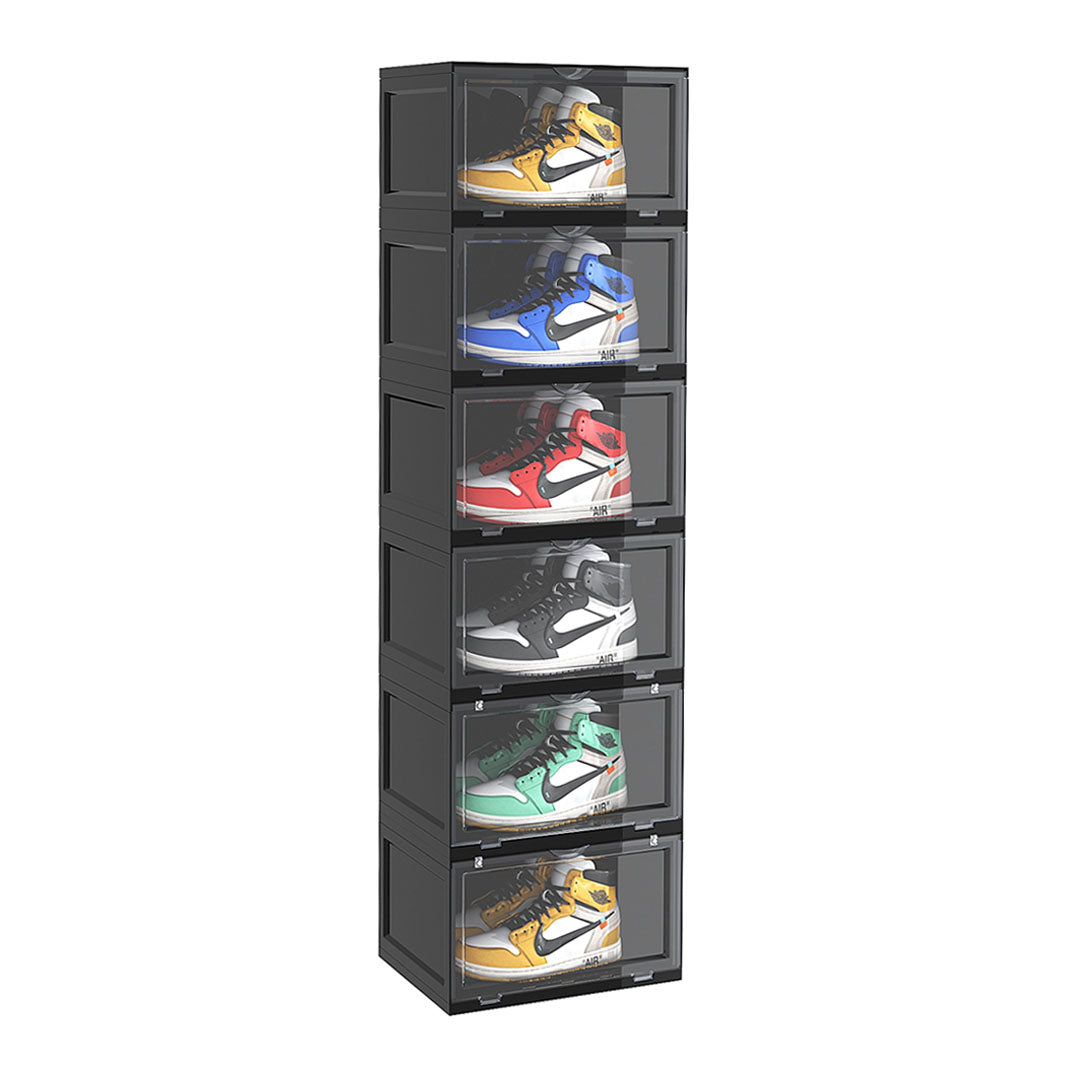 SOGA 6 Tier Black Portable Shoe Organiser Sneaker Footwear Folding Plastic Bin Stackable Storage Box with Magnetic Door • LUZ-ShoeA8006BLK