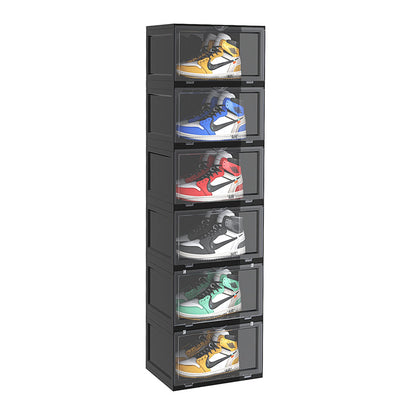 SOGA 6 Tier Black Portable Shoe Organiser Sneaker Footwear Folding Plastic Bin Stackable Storage Box with Magnetic Door • LUZ-ShoeA8006BLK