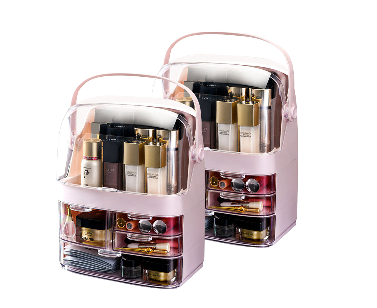 SOGA 2X 3 Tier Pink Countertop Makeup Cosmetic Storage Organiser Skincare Holder Jewelry Storage Box with Handle • LUZ-BathC104X2